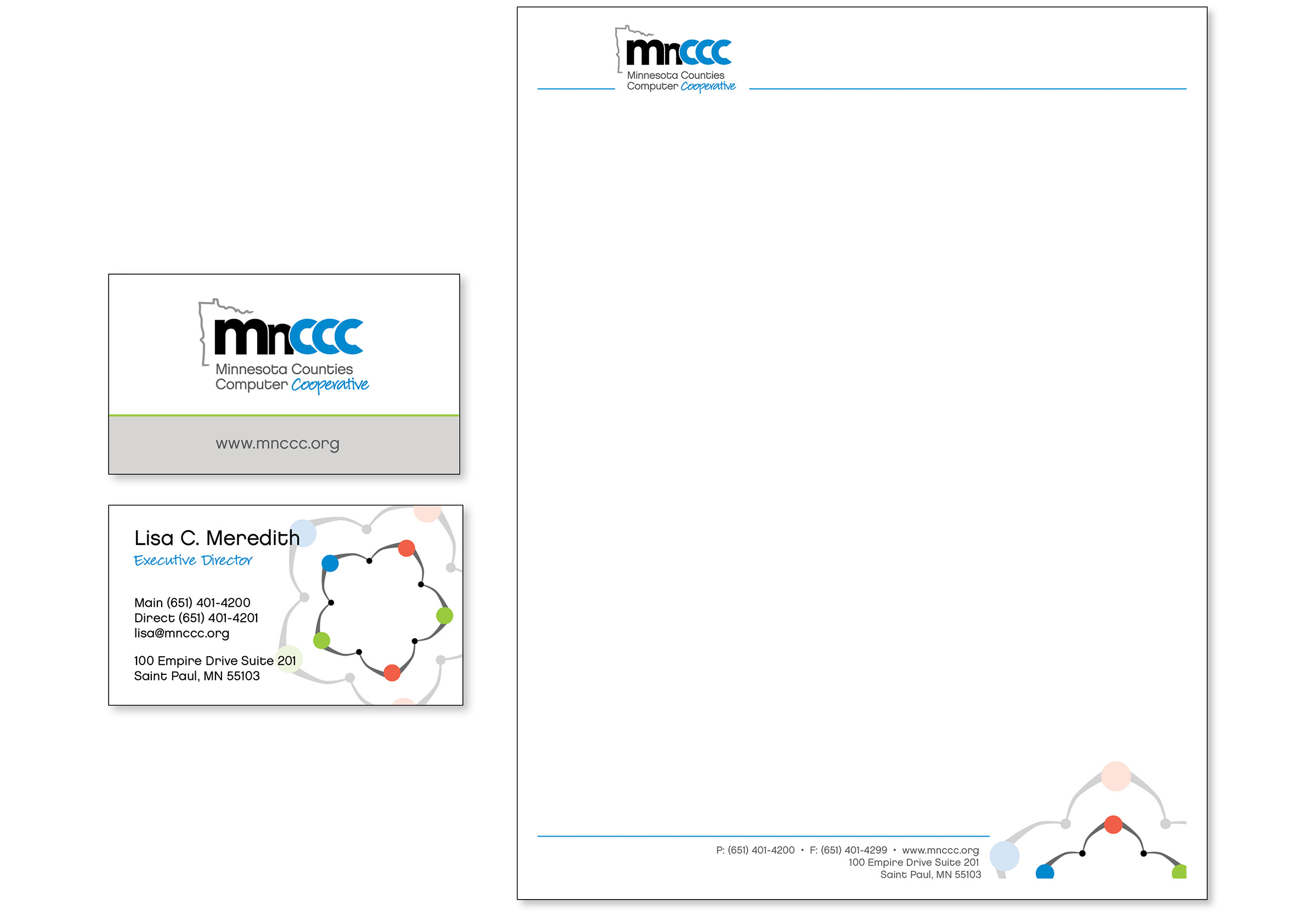 Image showing designs of identity materials created for MnCCC, including business cards and letterhead.