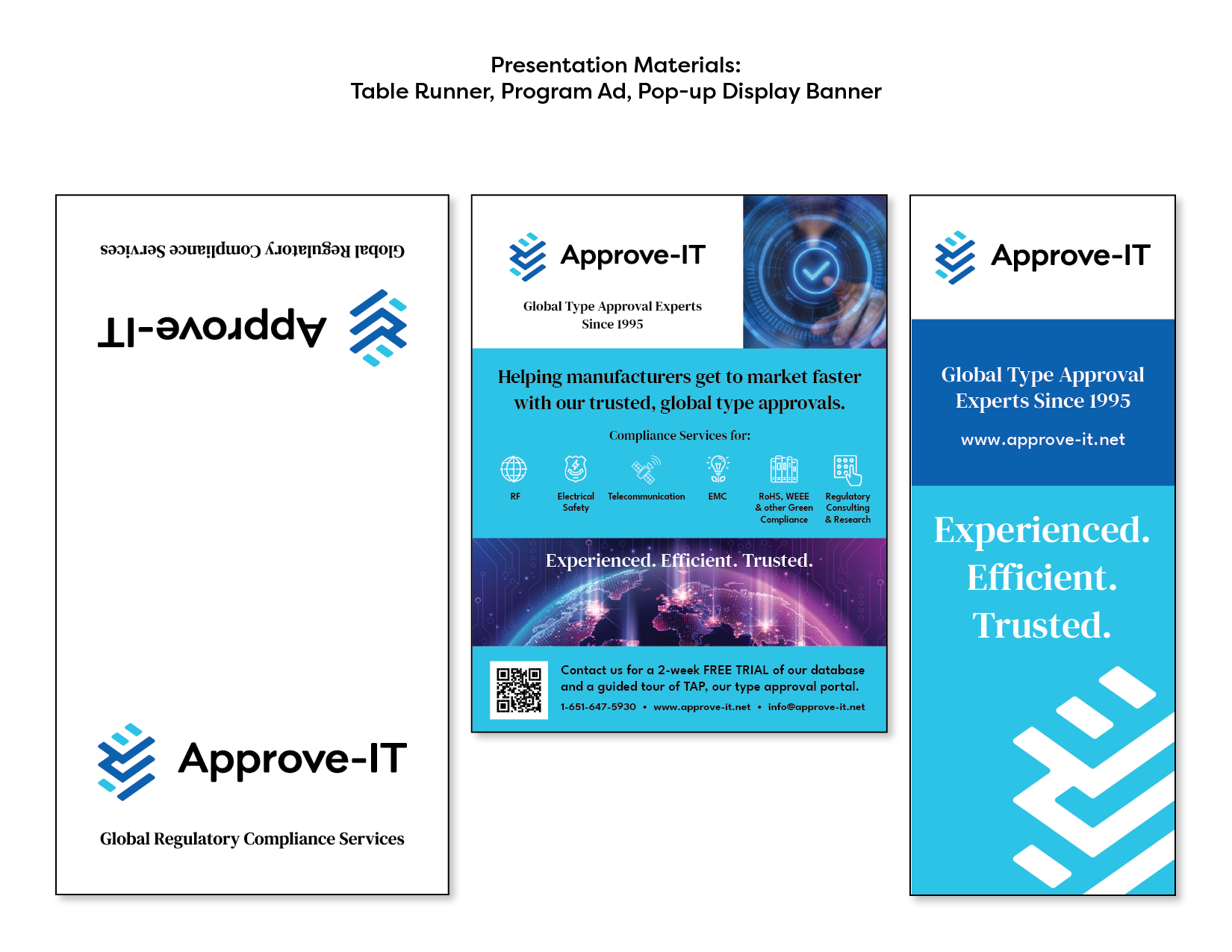 Images show samples of Exhibit materials created for the client, including a table runner, program ad, and pop-up display banner.