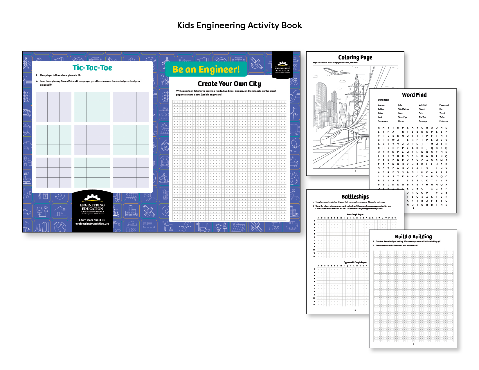 Image shows samples of the activity book pages, including grid and graph paper games, a word find, coloring page, etc.