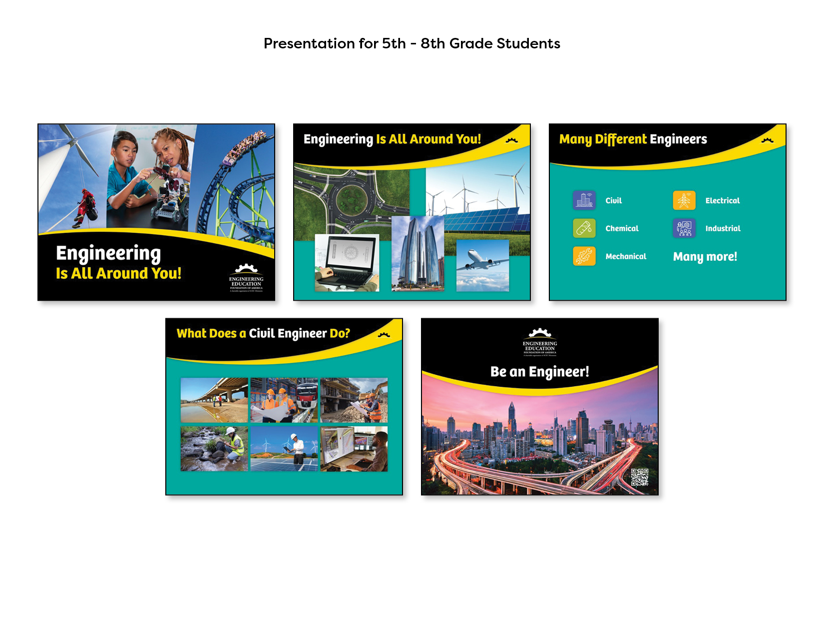 Image shows sample slides from a presentation for students in grades 5-8.